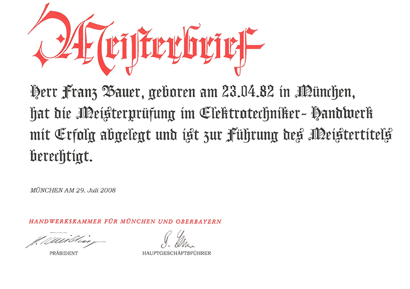 Meisterbrief_Bauer Elektrotechnik_Franz Bauer_web