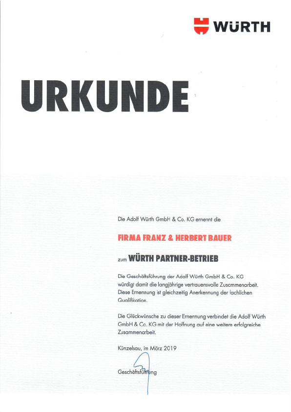 Würth Urkunde Premiumpartner Elektrotechnik Bauer Gilching - Fünfseenland