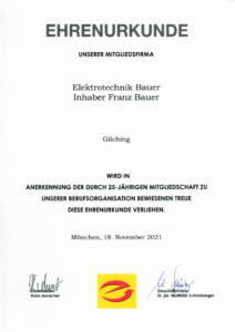 Elektro-Bauer-Ehrenurkunde-25-Mitgliedschaft-Innung-fuer-Elektro-und-Informationstechnik-Muenchen