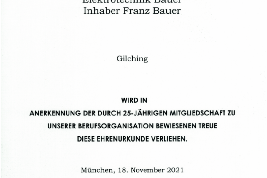 25 Jahre Mitgliedschaft bei der Innung für Elektro- und Informationstechnik München