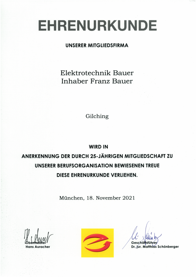 Elektro-Bauer-Ehrenurkunde-25-Mitgliedschaft-Innung-fuer-Elektro-und-Informationstechnik-Muenchen